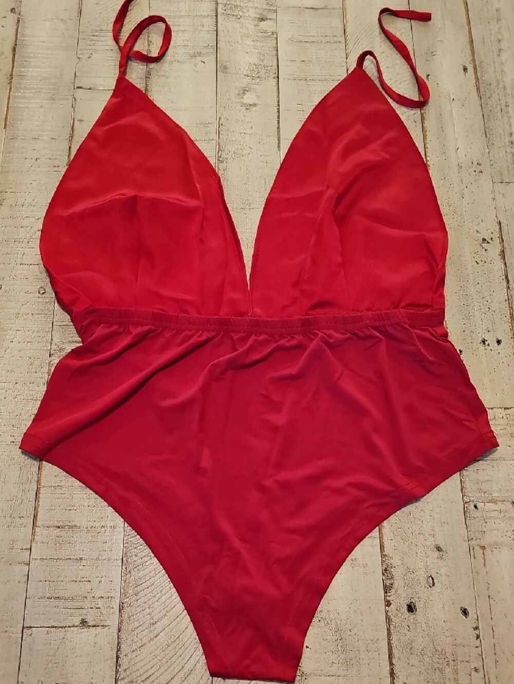 SHEIN Red Deep V Halter Bodysuit - Picture 2 of 3